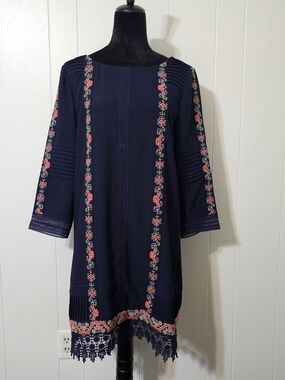 Neiman Marcus Embroidered Boho Tunic Dress Navy Lace Trim Medium M